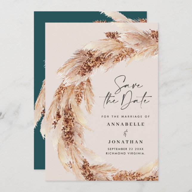 Invitation Événement moderne boho sarcelle pampas mariage à r (Devant / Derrière)