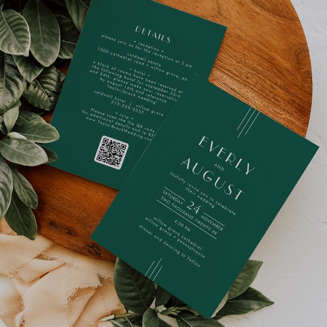 Invitation EVERLY Art Deco Emerald Green QR Code Wedding (EVERLY Art Deco Emerald Green QR Code Wedding Invitation)