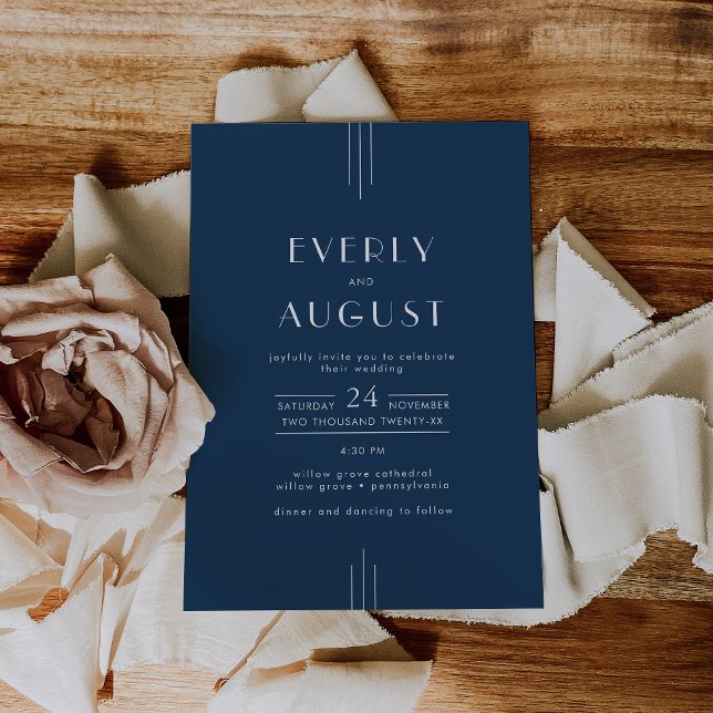 Invitation EVERLY Classic Modern Art Deco Navy Blue Wedding (EVERLY Classic Modern Art Deco Navy Blue Wedding Invitation)