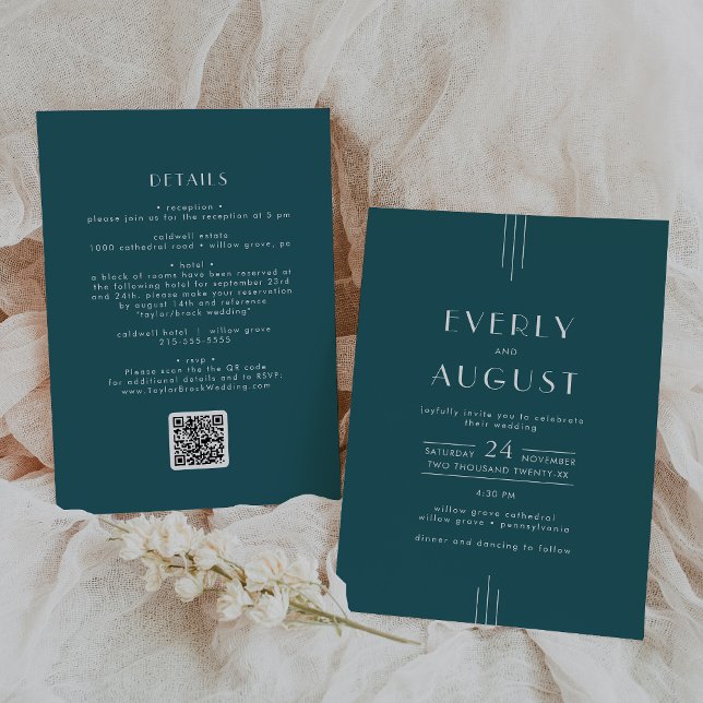 Invitation EVERLY Retro Art Deco Peacock Teal QR Code Wedding (EVERLY Retro Art Deco Peacock Teal QR Code Wedding Invitation)