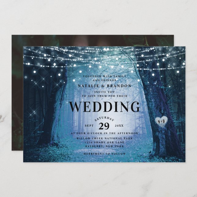 Invitation Evermore | Forêt de fée enchantée | Mariage bleu (Devant / Derrière)