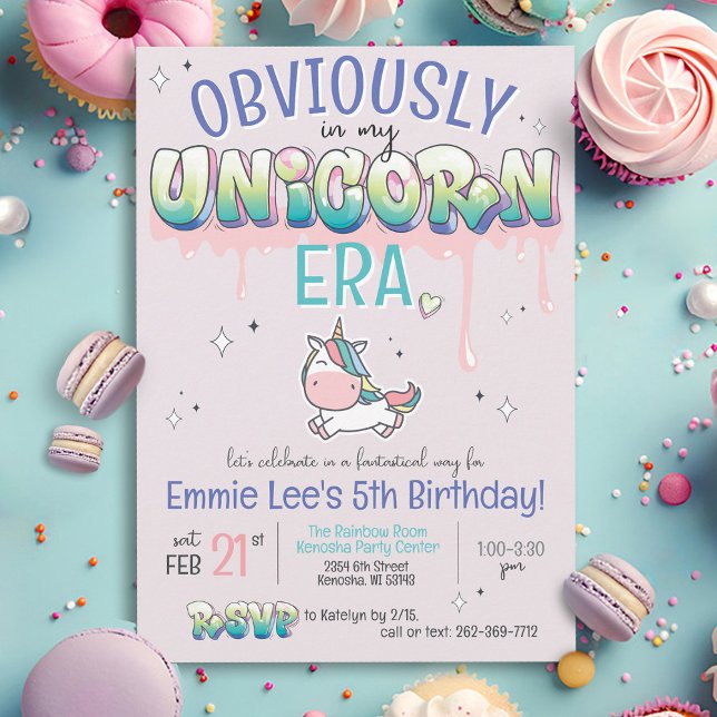 Invitation Évidemment Dans Mon Époque Unicorn Drôle Anniversa (Funny Cute Obviously In My Unicorn Era pastel rainbow unicorn theme girl pink birthday party Invite)