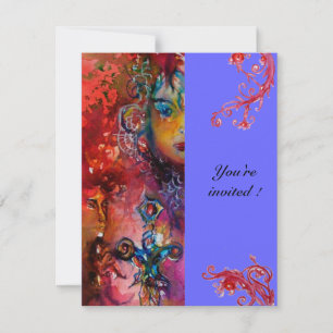 Invitation EXCALIBUR, rouge vif, bleu violet fuchsia jaune