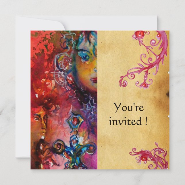 Invitation EXCALIBUR, rouge vif, parchemin violet rose (Devant)