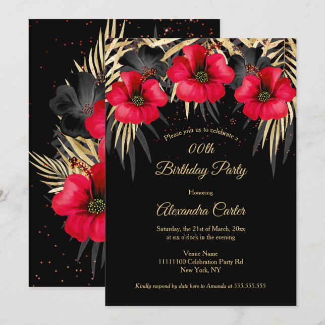 Invitation Exotic Red Black Gold Palms Floral Anniversaire (Devant / Derrière)