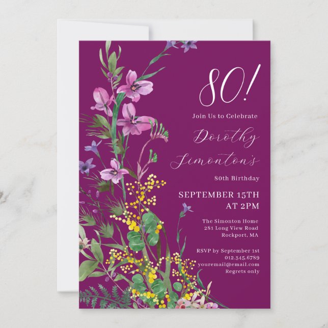 Invitation Exotic Rose Jaune Fleur sauvage 80e anniversaire (Devant)