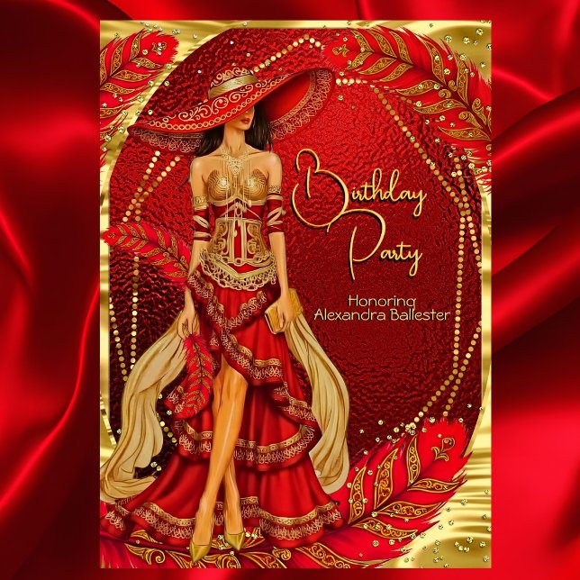Invitation Exotic Superbe Robe Rouge Or Plume Anniversaire (Créateur téléchargé)