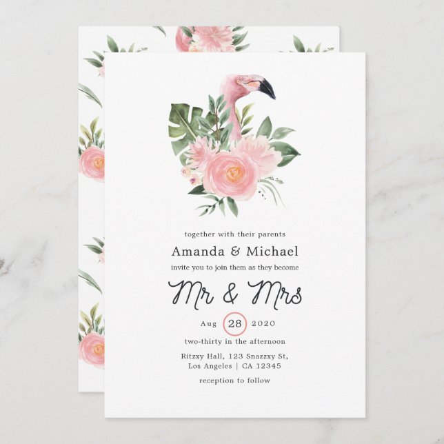 Invitation Exotic Tropical Pink Flamant rose Mr & Mrs Mariage (Devant / Derrière)