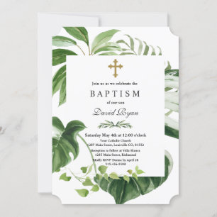 Invitation Exotique Tropical Feuille Gold Cross Boy Baptême