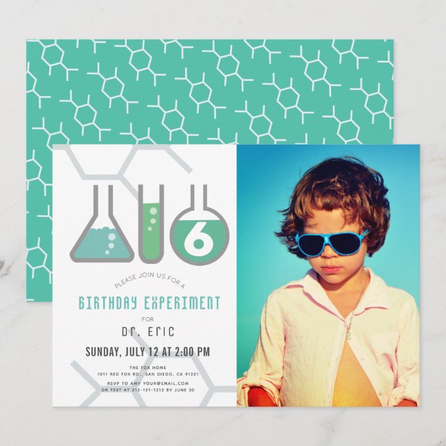Invitation Expérience scientifique White Green Boy Photo Anni (Devant / Derrière)