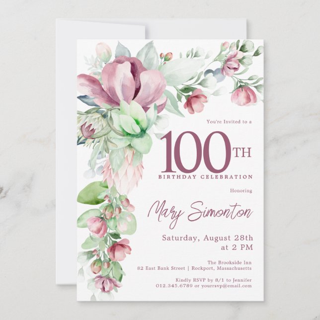 Invitation Exquise rose mauve floral 100e anniversaire (Devant)
