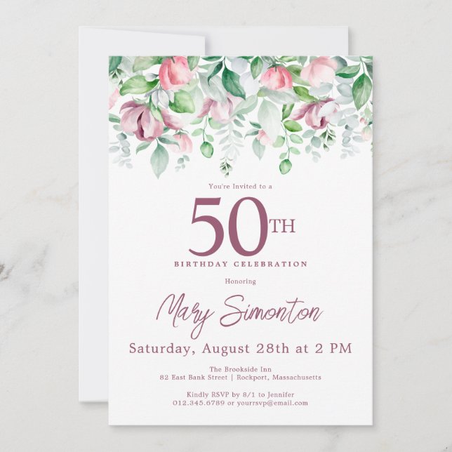 Invitation Exquise rose mauve Floral 50e anniversaire (Devant)