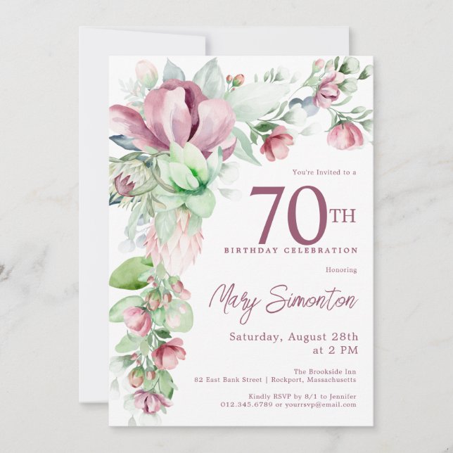 Invitation Exquise rose mauve Floral 70e anniversaire (Devant)