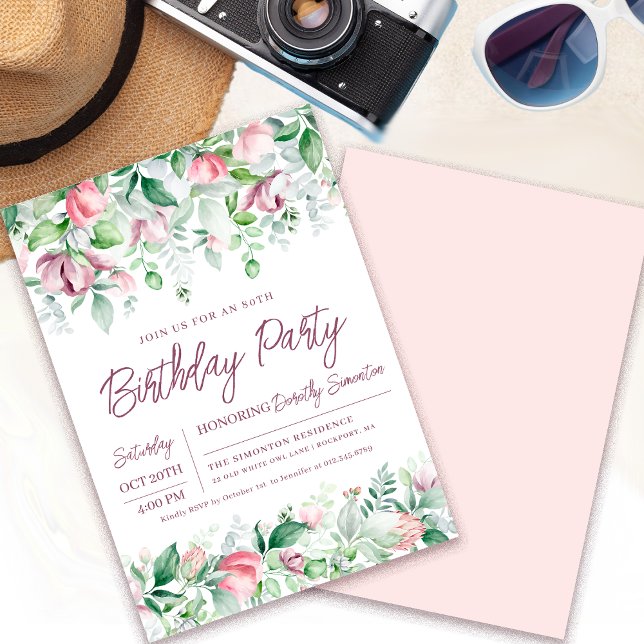 Invitation Exquise rose mauve Floral 80e anniversaire (Need a welcome sign? More matching party supplies. Message me!)