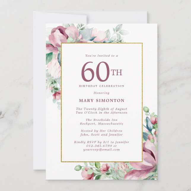 Invitation Exquise Rose Rose Floral 60e anniversaire (Devant)