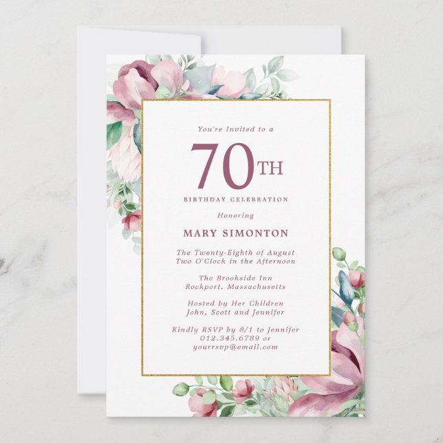 Invitation Exquise Rose Rose Floral 70e anniversaire (Devant)