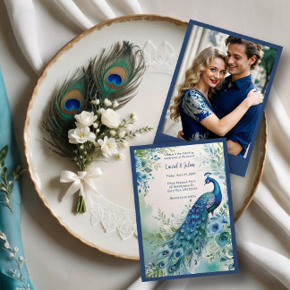 Invitation Exquisite Blue & Green Peacock Watercolor Photo 