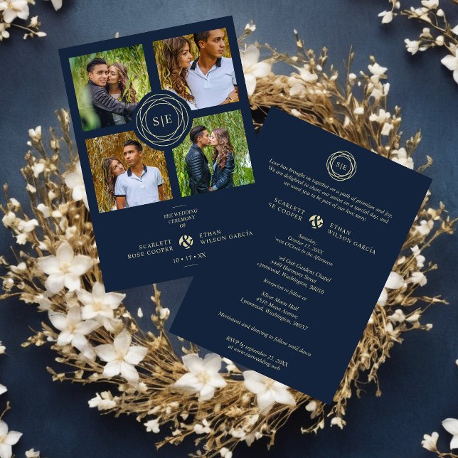 Invitation Exquisite Chic Navy Blue & Gold Initials 4 Photos  (Navy Blue & Fake Gold Minimal Initials Simple Fancy 4 Multi Photos Collage Wedding Invitation.)