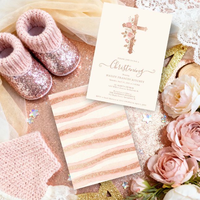 Invitation Exquisite Floral Glitter Cross Romantic Rose Gold (Rose Gold Glitter Delicate Floral Christian Cross Romantic Style Christening Invitation Cards.)