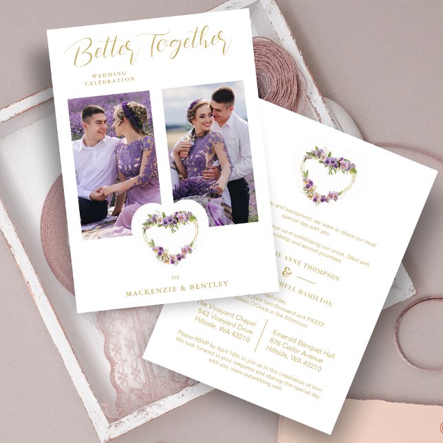 Invitation Exquisite Romantic Purple Shades Floral Heart (Exquisite Romantic Purple Shades Floral Heart & Faux Gold 2 Photos Wedding Invitation with Envelope.)