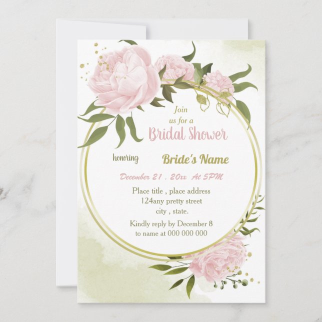 Invitation extraordinaire fleurs roses or couronnes douche nu (Devant)