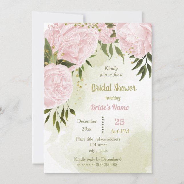 Invitation extraordinaire fleurs roses verdure douche nuptial (Devant)