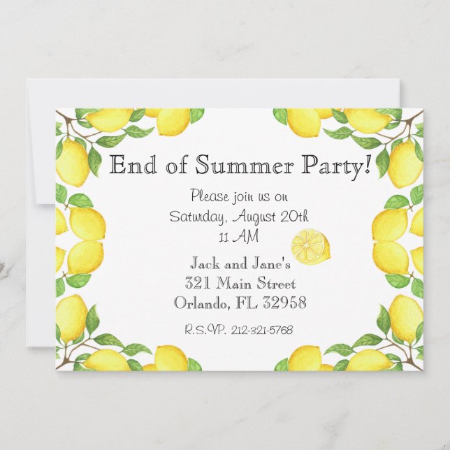 Invitation Extrémité de citron d'aquarelle d'invitation de (Devant)