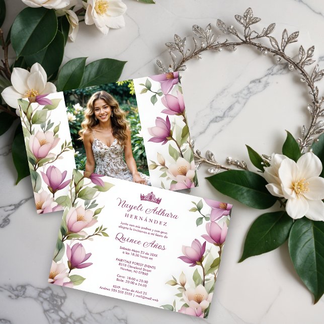 Invitation Exuberant Lovely Spring Magnolia Frame Garlands  (Exuberant Lovely Spring Magnolia Frame Garlands Spanish Photo Mis XV Invitations Cards in Pink.)