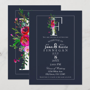 Invitation F Monogramme Dernière Initiale Moderne Fleurs Bleu