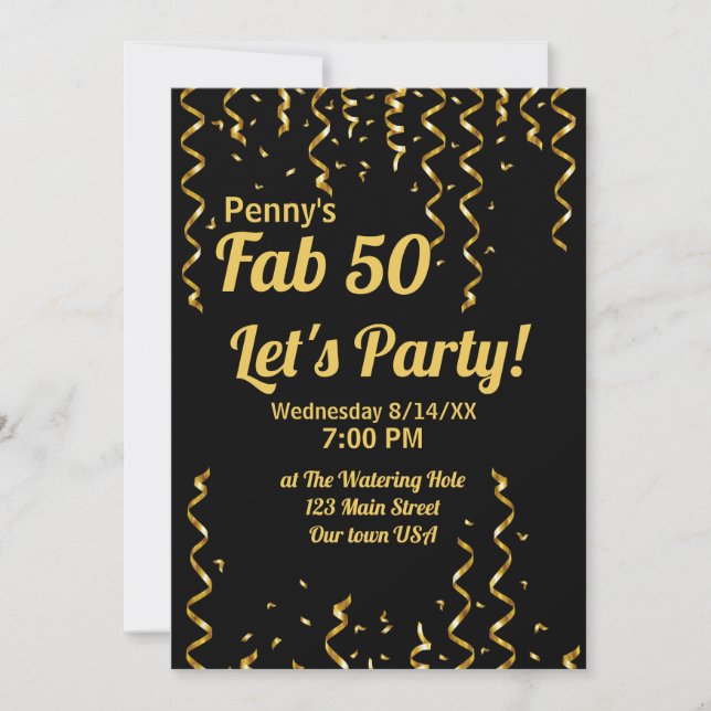 Invitation Fab 50 Rubans noir et or Anniversaire (Devant)
