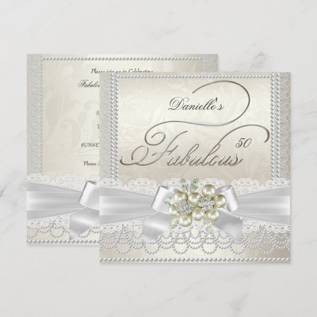 Invitation Fabrique Crème blanc Perle Lace Damas Diamond (Devant / Derrière)