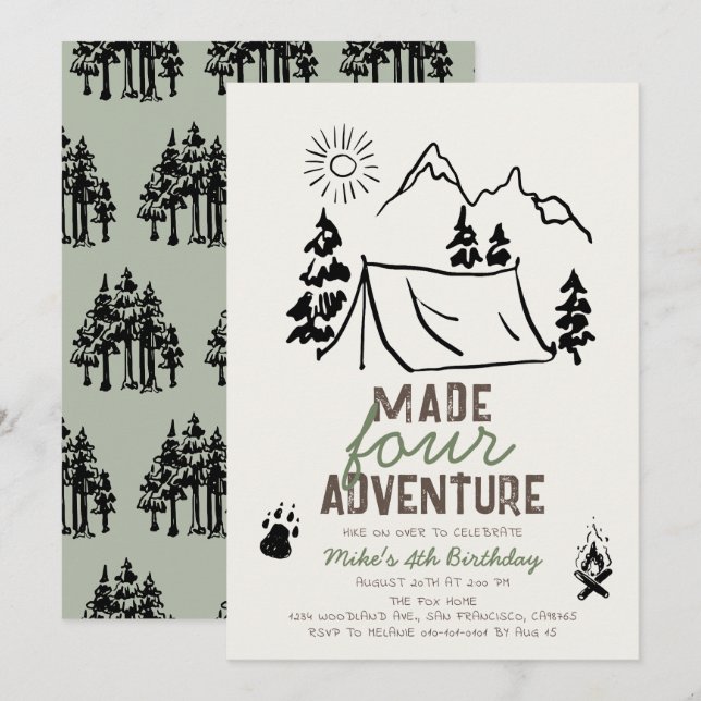 Invitation Fabriqué Four Adventure Camping Boy 4e anniversair (Devant / Derrière)