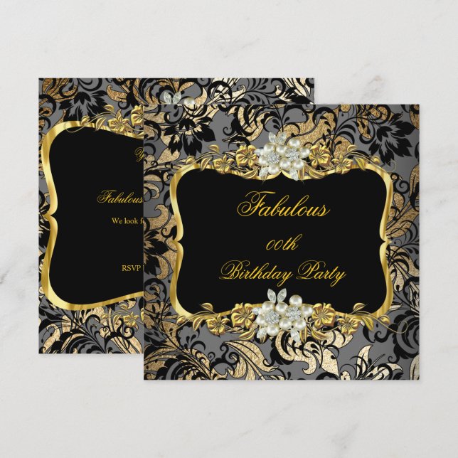 Invitation Fabrique Gold Black Grey Pearl Damask Party (Devant / Derrière)
