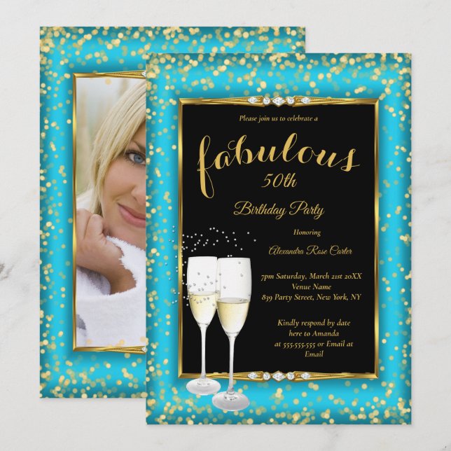 Invitation Fabrique Gold Turquoise bleu Champagne Photo Party (Devant / Derrière)