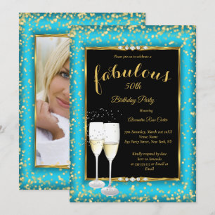 Invitation Fabrique Gold Turquoise bleu Champagne Photo Party
