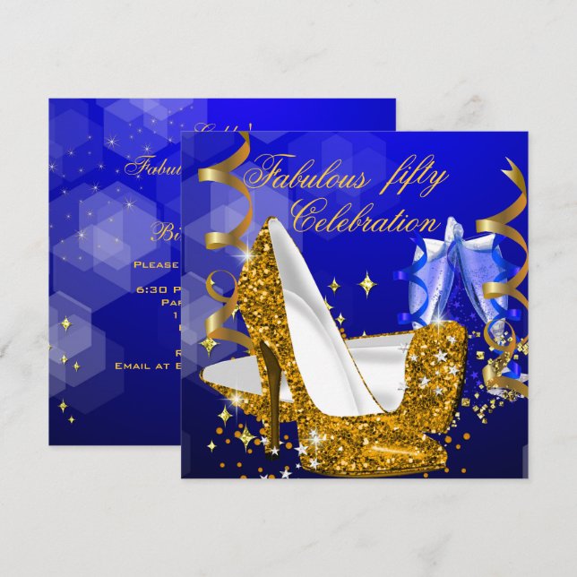 Invitation Fabrique Parties scintillant Bleu Or Haut talon An (Devant / Derrière)