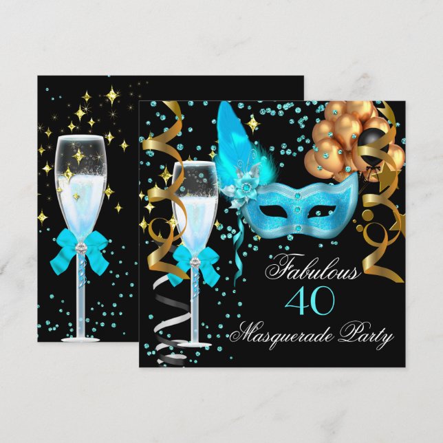 Invitation Fabrique Turquoise Gold Black Masquerade Party (Devant / Derrière)