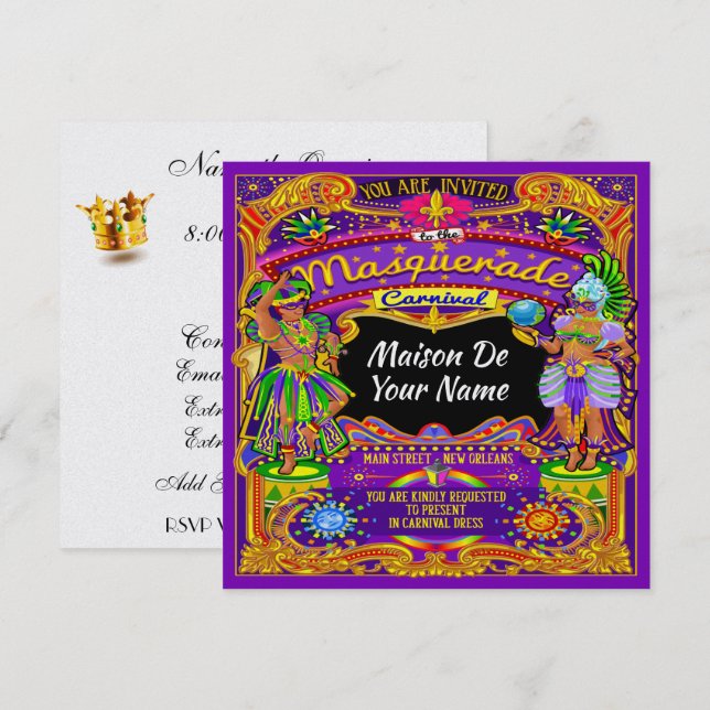 Invitation FABULEUSE Masquerade Mardi Gras Carnaval Invitatio (Devant / Derrière)