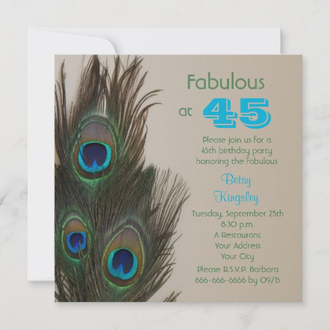 Invitation fabuleuse Peacock 45e anniversaire de f (Devant)