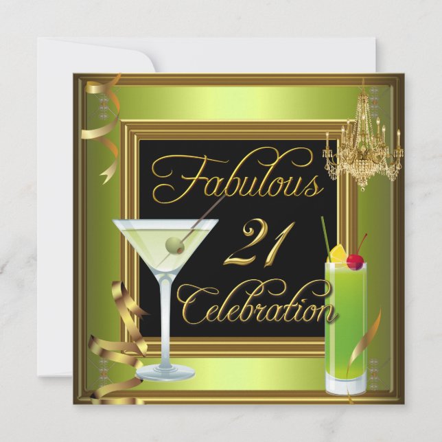 Invitation Fabuleux 21 Celebration Gold Green Anniversaire (Devant)