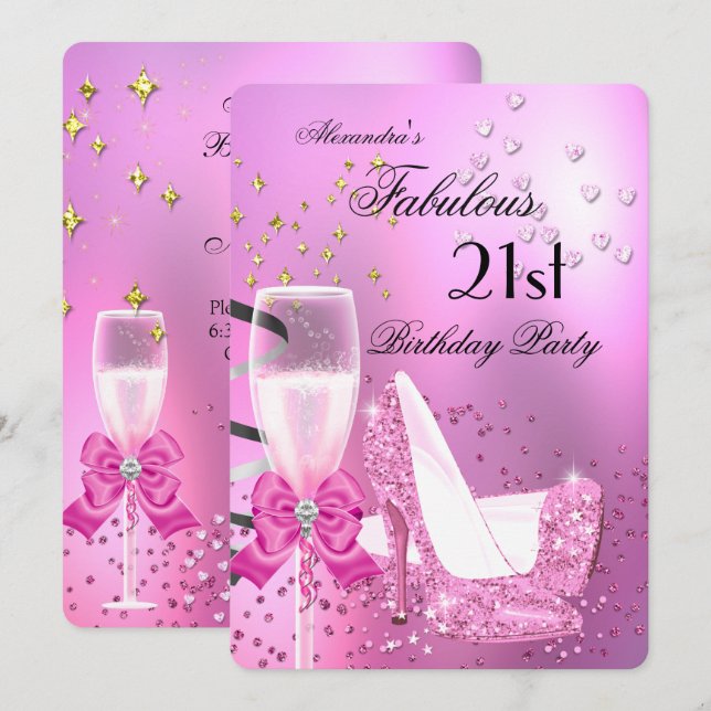 Invitation Fabuleux 21ème Shimmer Light Rose Talons Anniversa (Devant / Derrière)