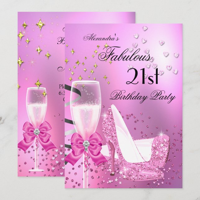 Invitation Fabuleux 21ème Shimmer Light Rose Talons Anniversa (Devant / Derrière)