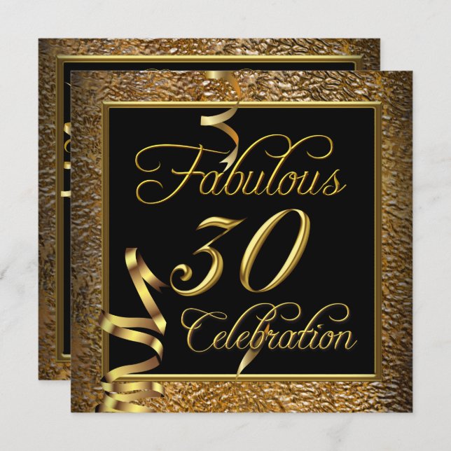 Invitation Fabuleux 30 Celebration Gold Black Birthday Party (Devant / Derrière)