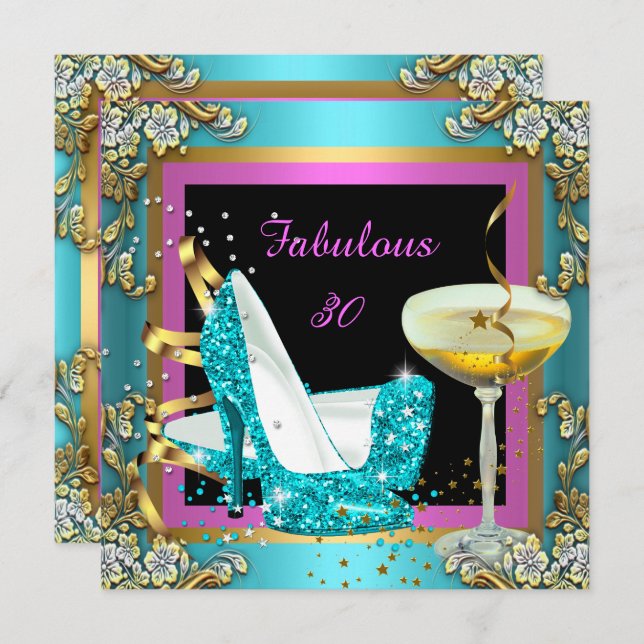 Invitation Fabuleux 30 Champagne d'or Turquoise rose Annivers (Devant / Derrière)
