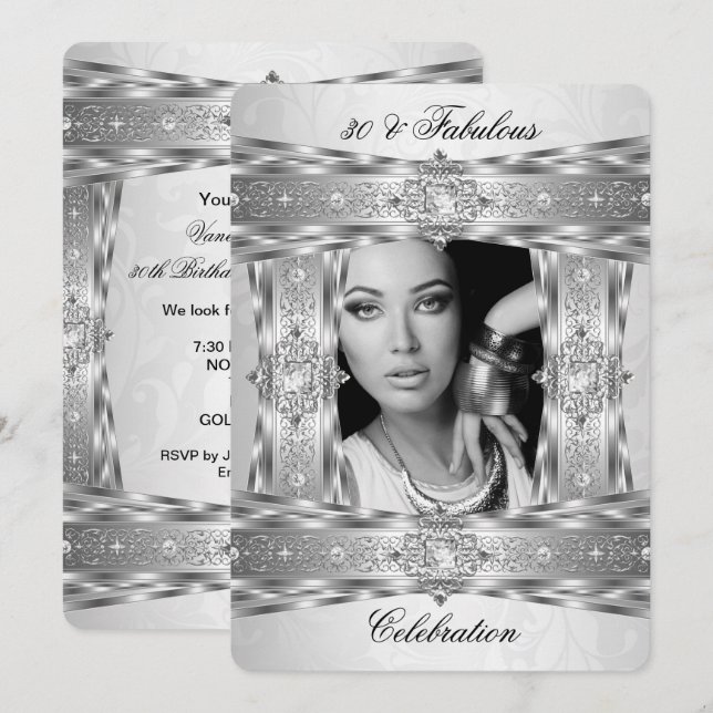 Invitation Fabuleux 30 Elegant Diamond Gem Silver White Photo (Devant / Derrière)