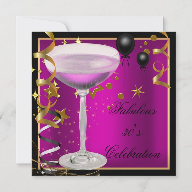 Invitation Fabuleux 30e Soirée d'Anniversaire Noir en Or Rose (Devant)