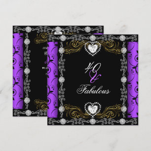 Invitation Fabuleux 40 Damask Floral Purple Black 40th Party