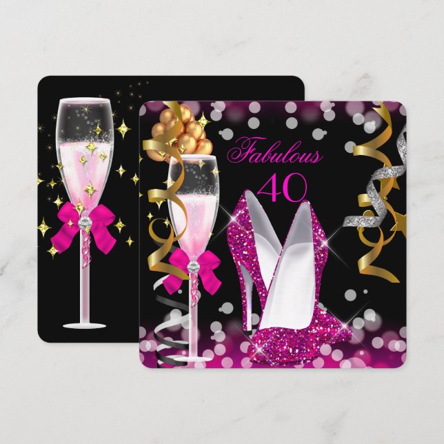 Invitation Fabuleux 40 Hot Pink Gold Black Bubbles 40e fête (Devant / Derrière)