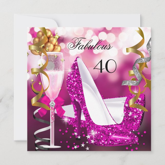 Invitation Fabuleux 40 Hot Pink Gold Bubbles Parties scintill (Devant)