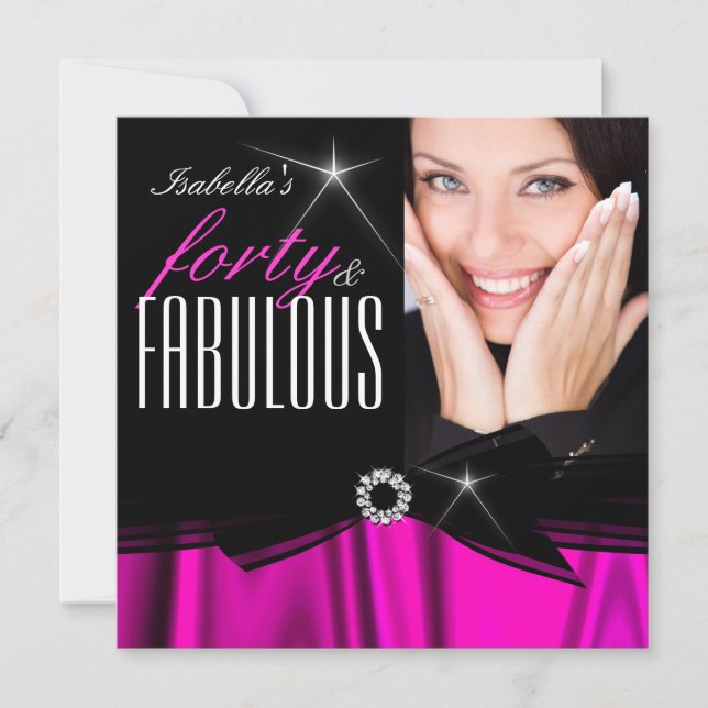 Invitation Fabuleux 40 Hot rose Soie Noir élégant Anniversair (Devant)
